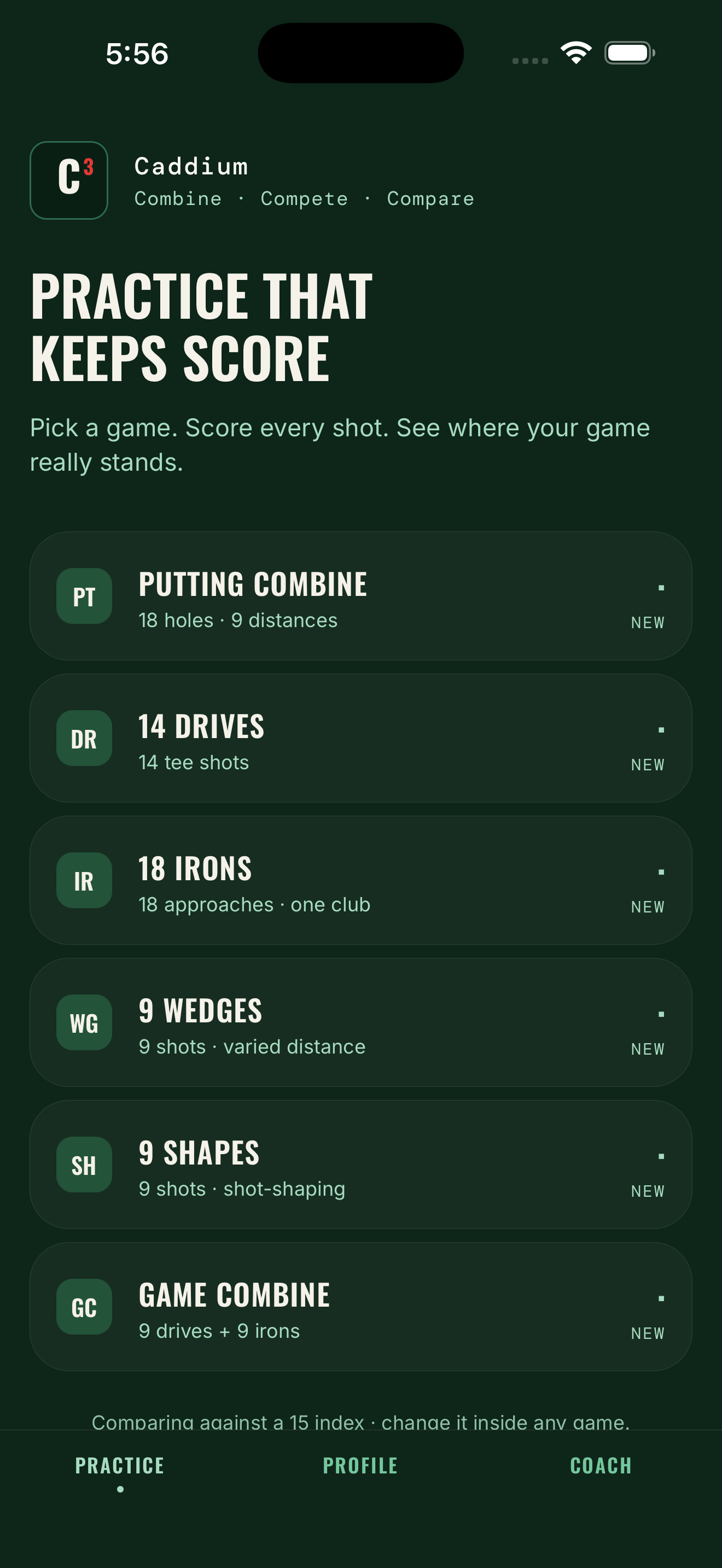Caddium Practice hub listing six scored range games